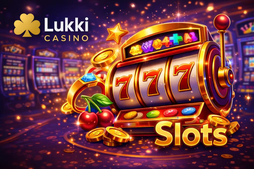 Lukki Casino Slots promotional banner featuring Lukki logo, gold clover symbol, and slot machine reels on a modern gaming background