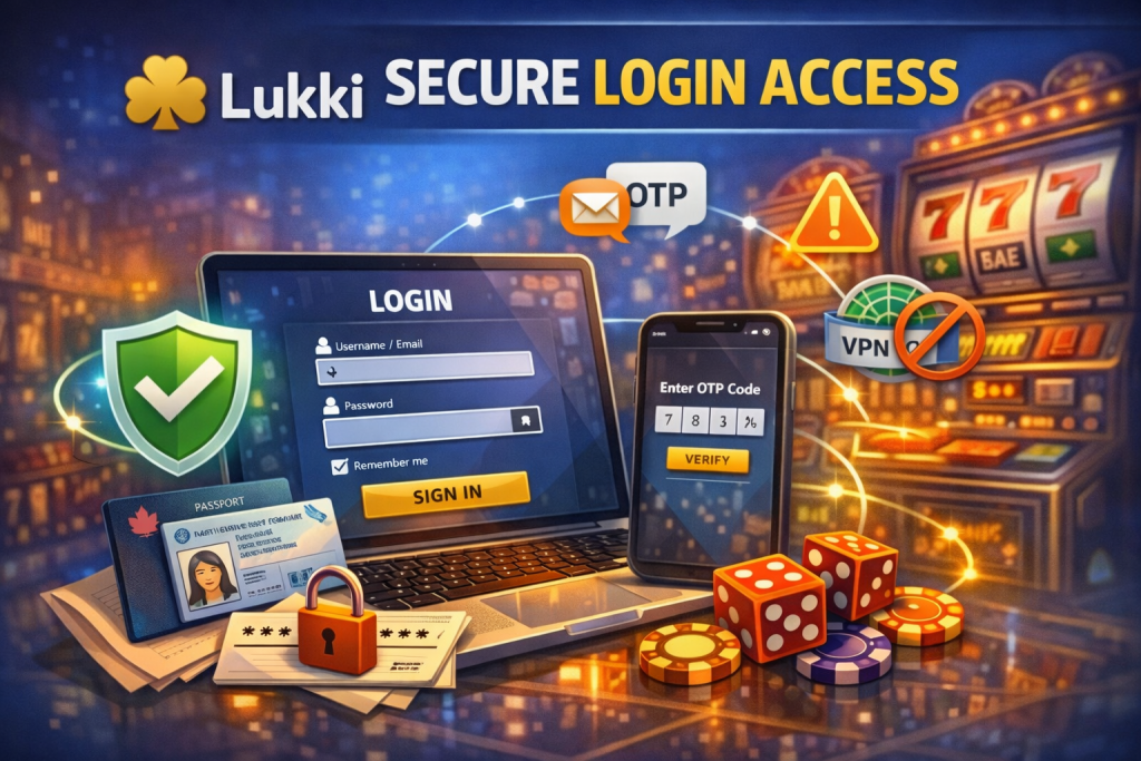 Lukki Casino Login banner featuring secure account access interface with Lukki logo, digital security elements, and mobile-friendly sign-in design