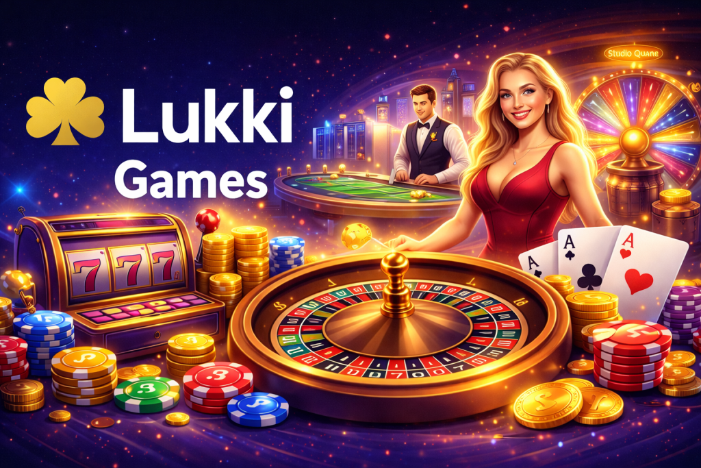 Lukki Casino Games banner featuring digital casino interface, live tables, slot reels, and promotional gaming visuals for online players