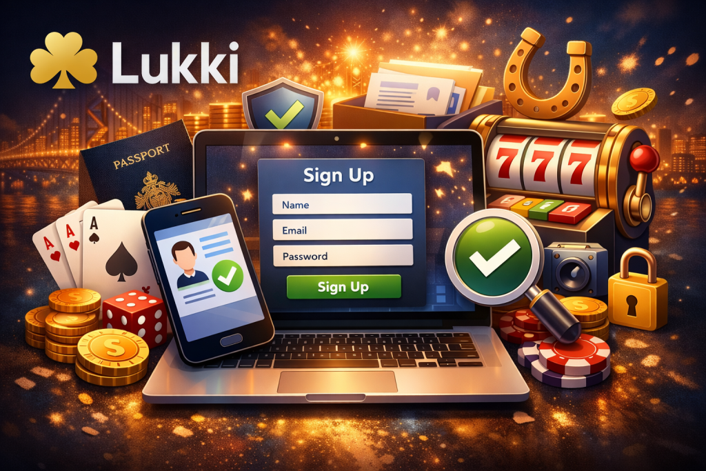 Lukki Casino registration banner featuring account sign up interface and Lukki brand logo for secure player onboarding