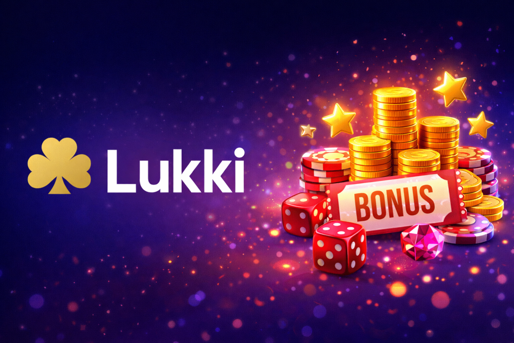 Lukki Casino Bonus banner featuring casino promotions, free spins offers, and branded logo design
